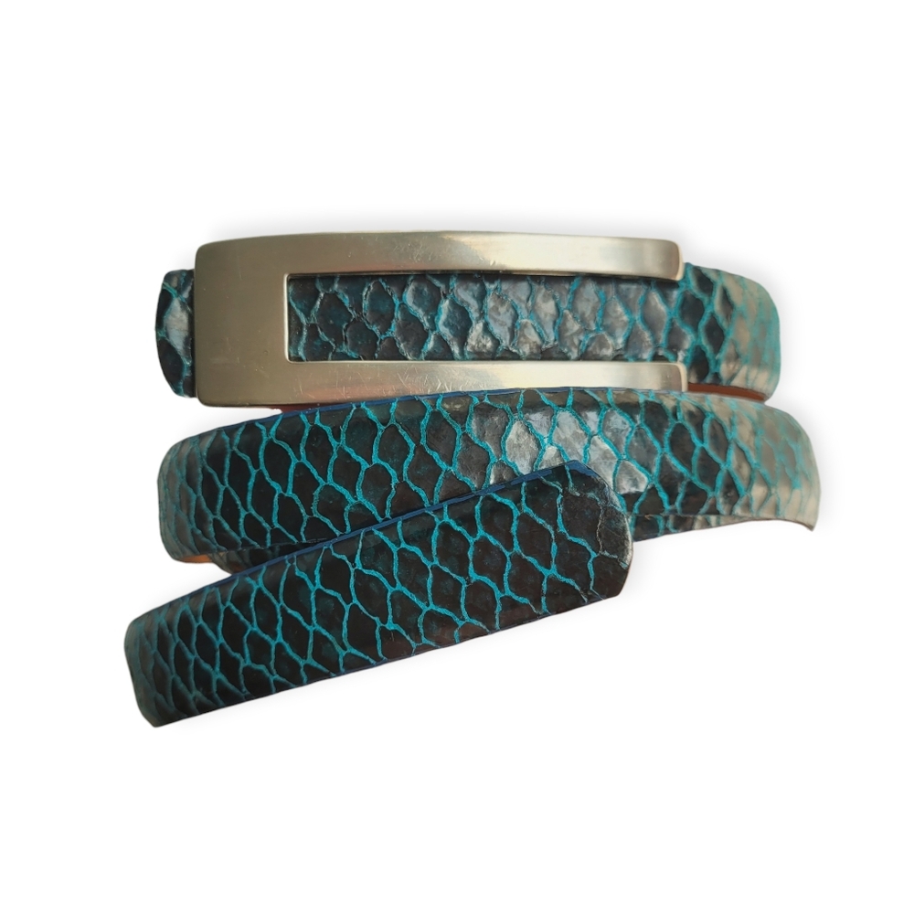 Teal Snake-Print Leather Wrap Belt with Silver Buckle